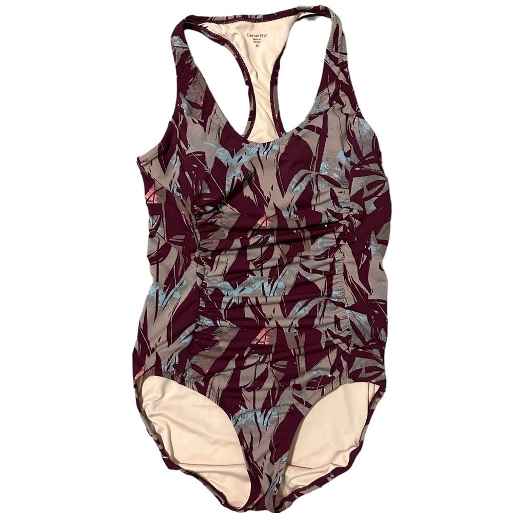 Garnet Hill One Piece Swimsuit Charlet Shadow Leaf Racerback Size 8 - Picture 2 of 5